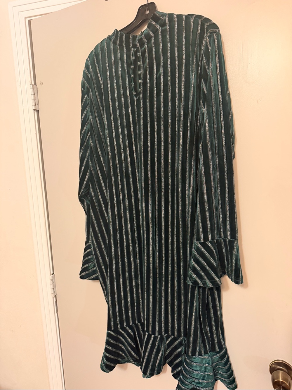 Ashley Stewart Emerald Green Velvet Stripe Dress with Ruffle Hem